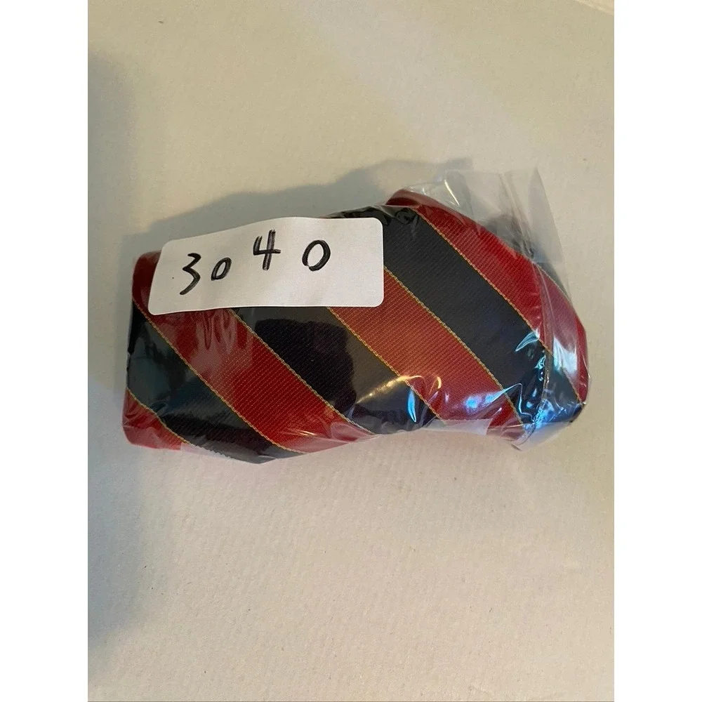 Lands End Mens Long Silk Tie Navy Blue Red Gold Regimental Stripe Handsewn USA